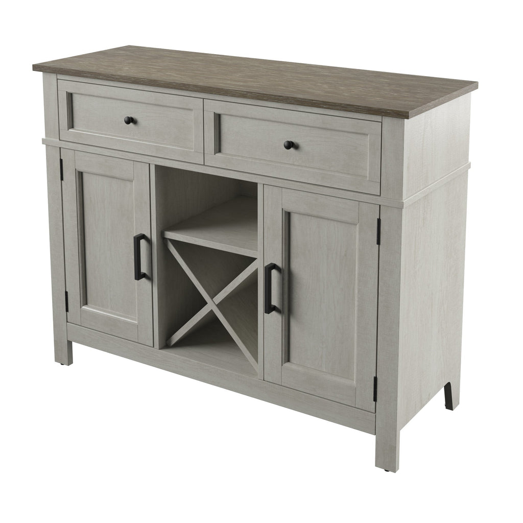 Buffet de style campagnard avec étagères à vin et rangement pour verres à pied