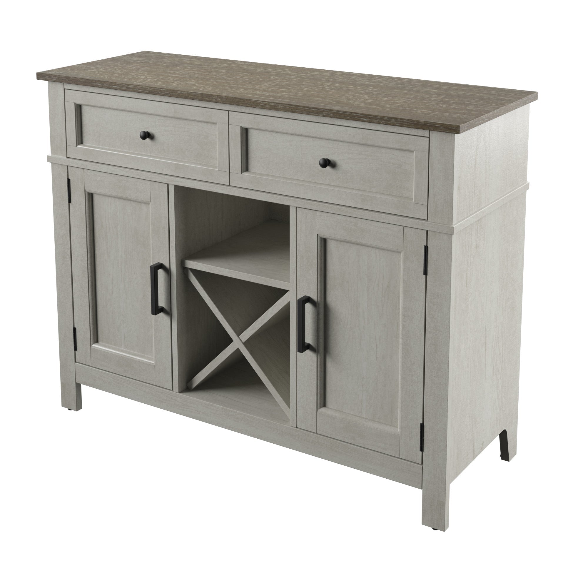 Buffet de style campagnard avec étagères à vin et rangement pour verres à pied