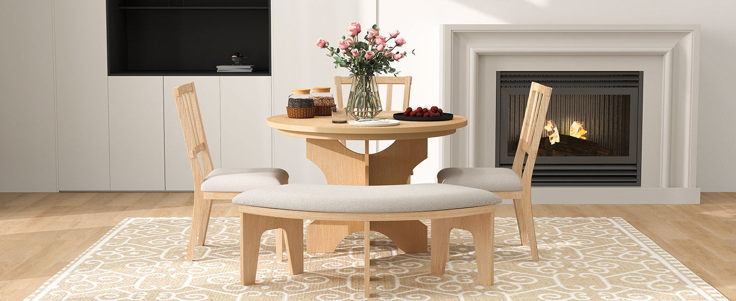 Walker Edison | Charmant ensemble de salle à manger rustique rond 5 pièces avec chaises et banc incurvé 