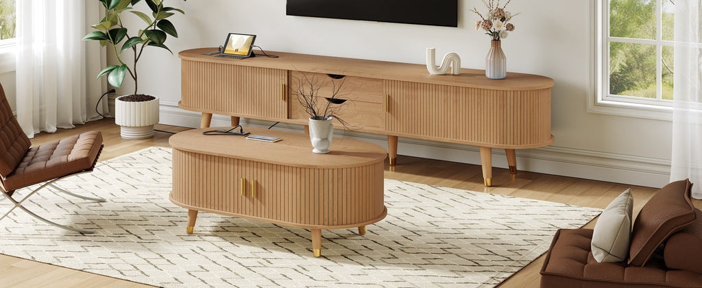 Ensemble de meuble TV et table basse ovales en teck cannelé, design incurvé, 3 pièces, pour téléviseurs jusqu'à 80 pouces. 