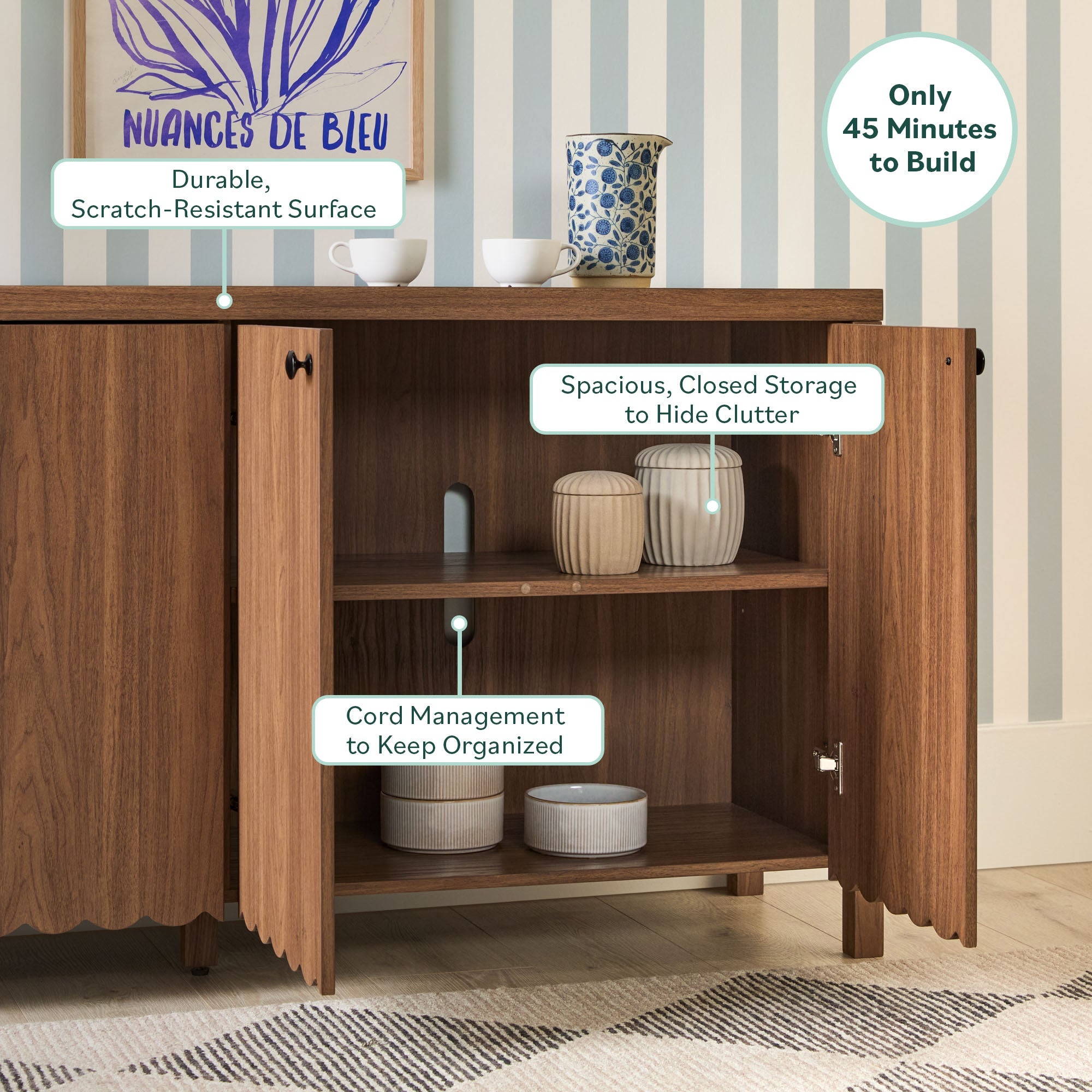 Buffet/meuble TV Paisley 60 moderne à bords festonnés, montage facile