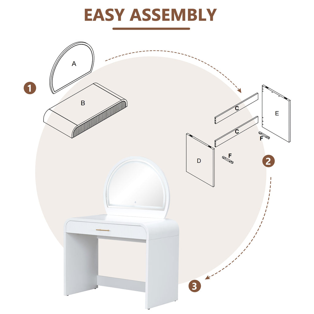 Walker Edison | Coiffeuse incurvée à cannelures avec miroir et écran tactile lumineux