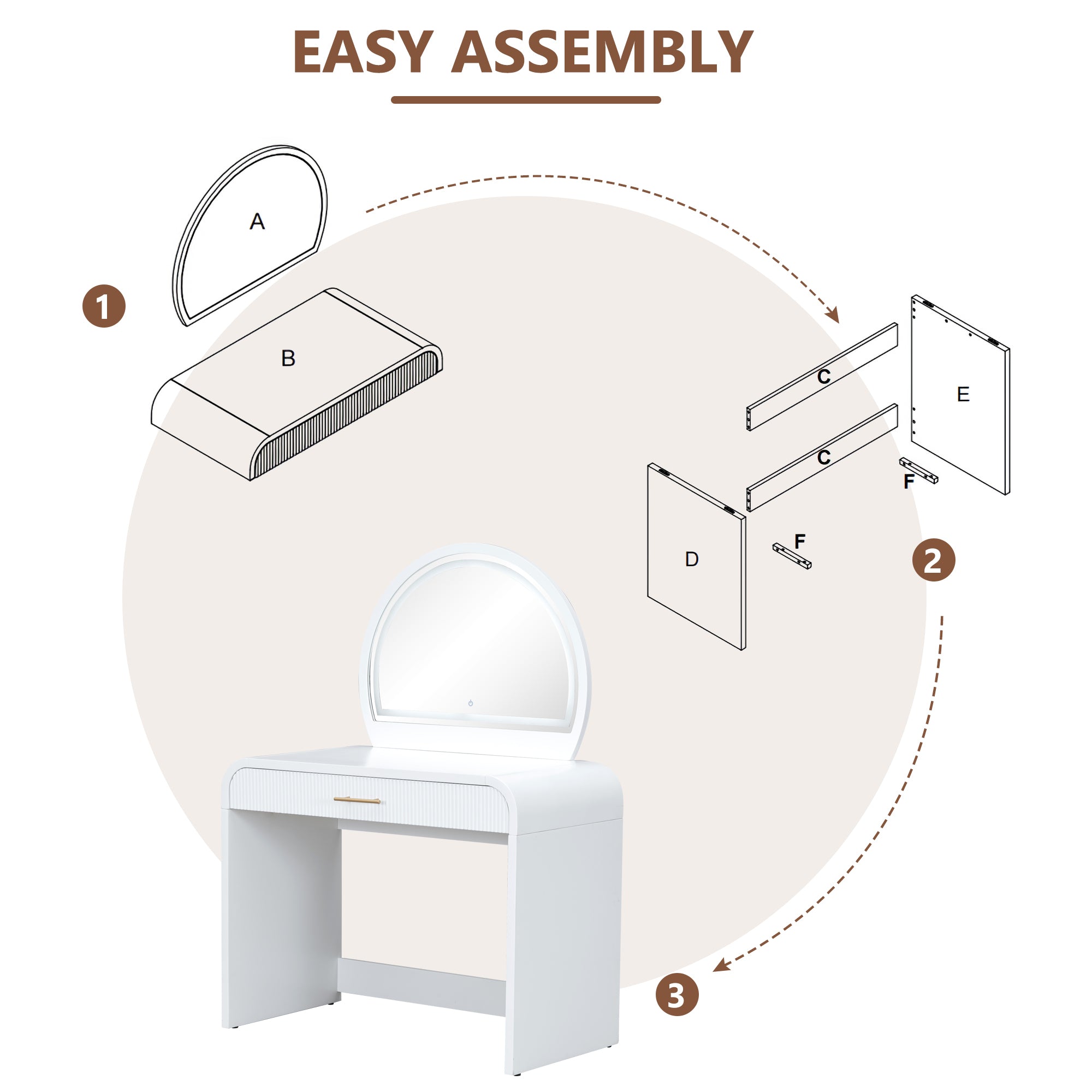 Walker Edison | Coiffeuse incurvée à cannelures avec miroir et écran tactile lumineux