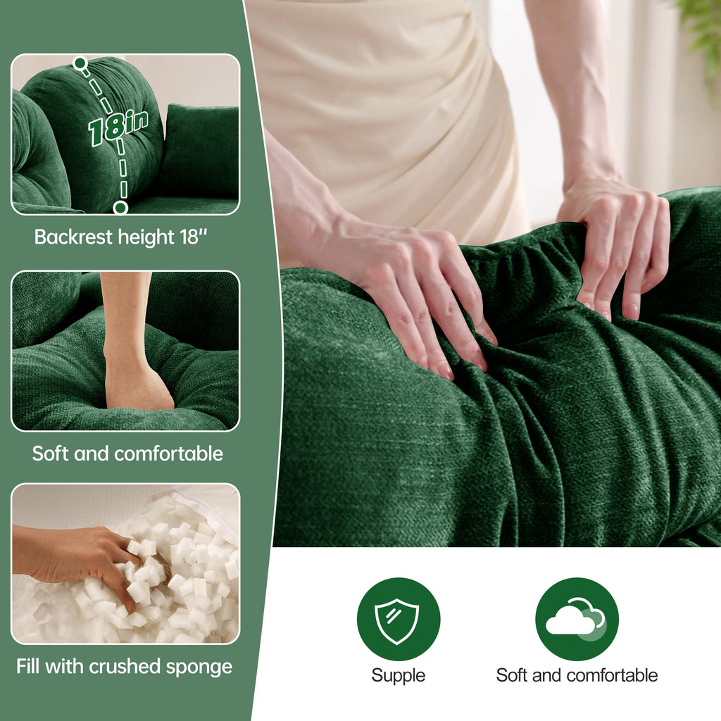 Canapé d'angle deux places en chenille capitonnée avec pouf 