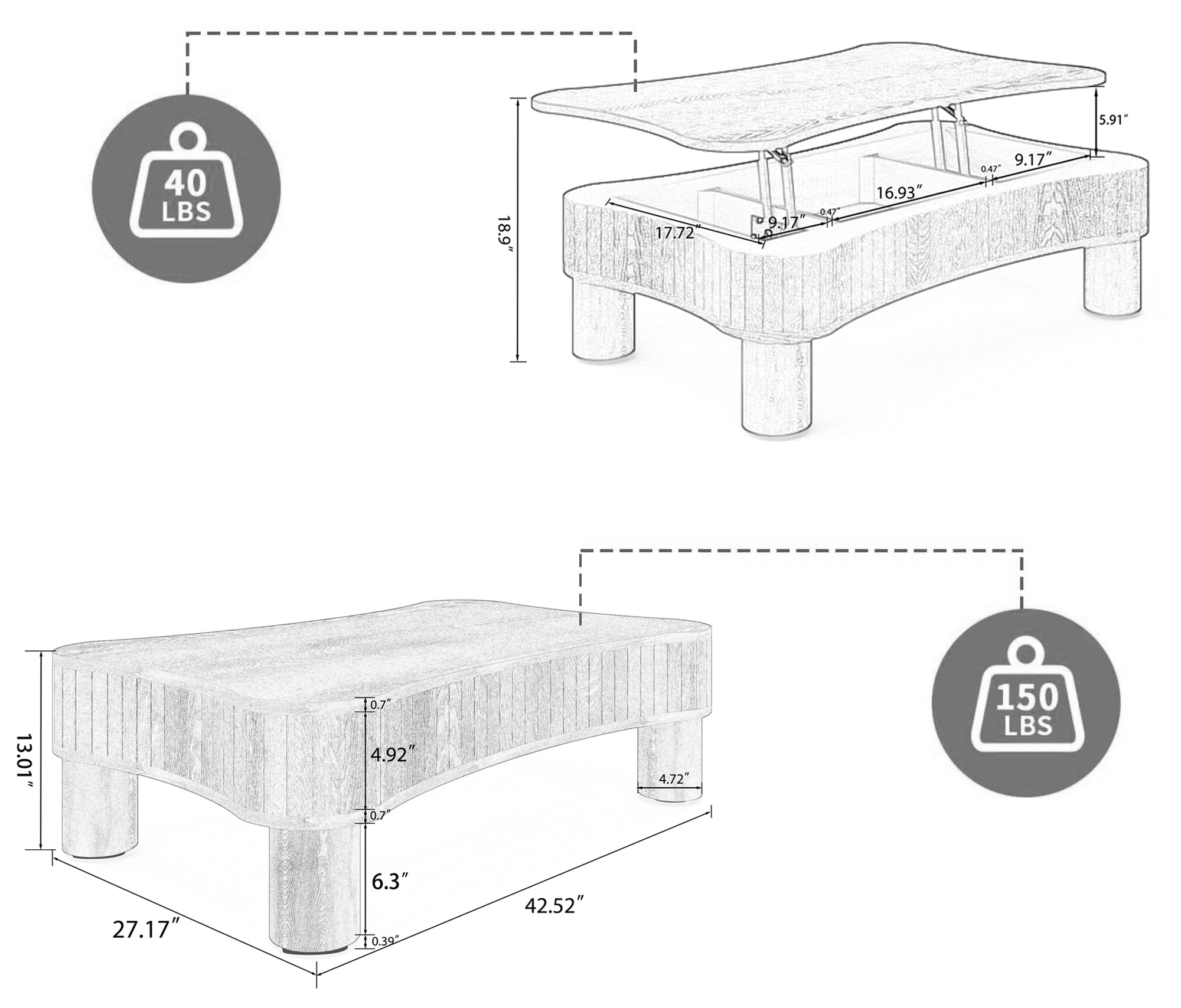 Walker Edison | Table basse et bureau à plateau relevable cannelé Curve Design 