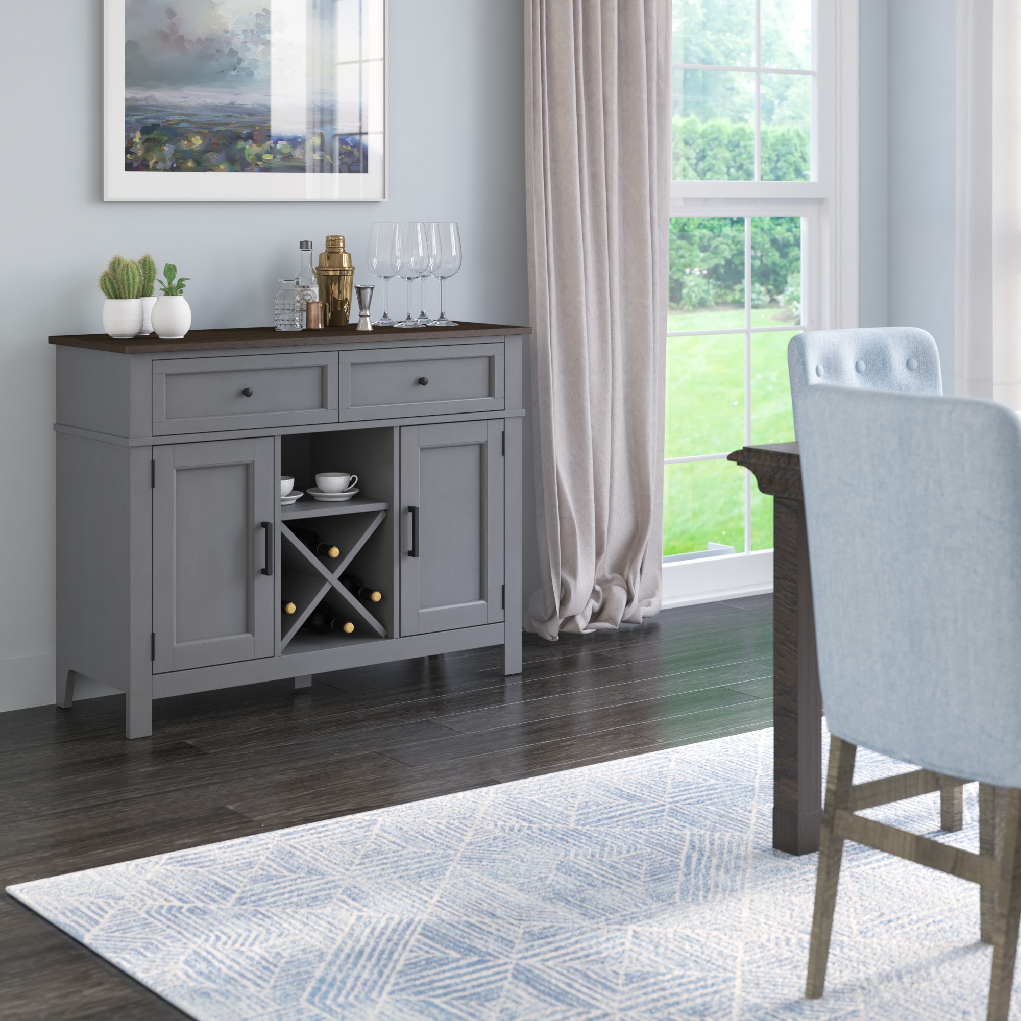 Buffet de style campagnard avec étagères à vin et rangement pour verres à pied