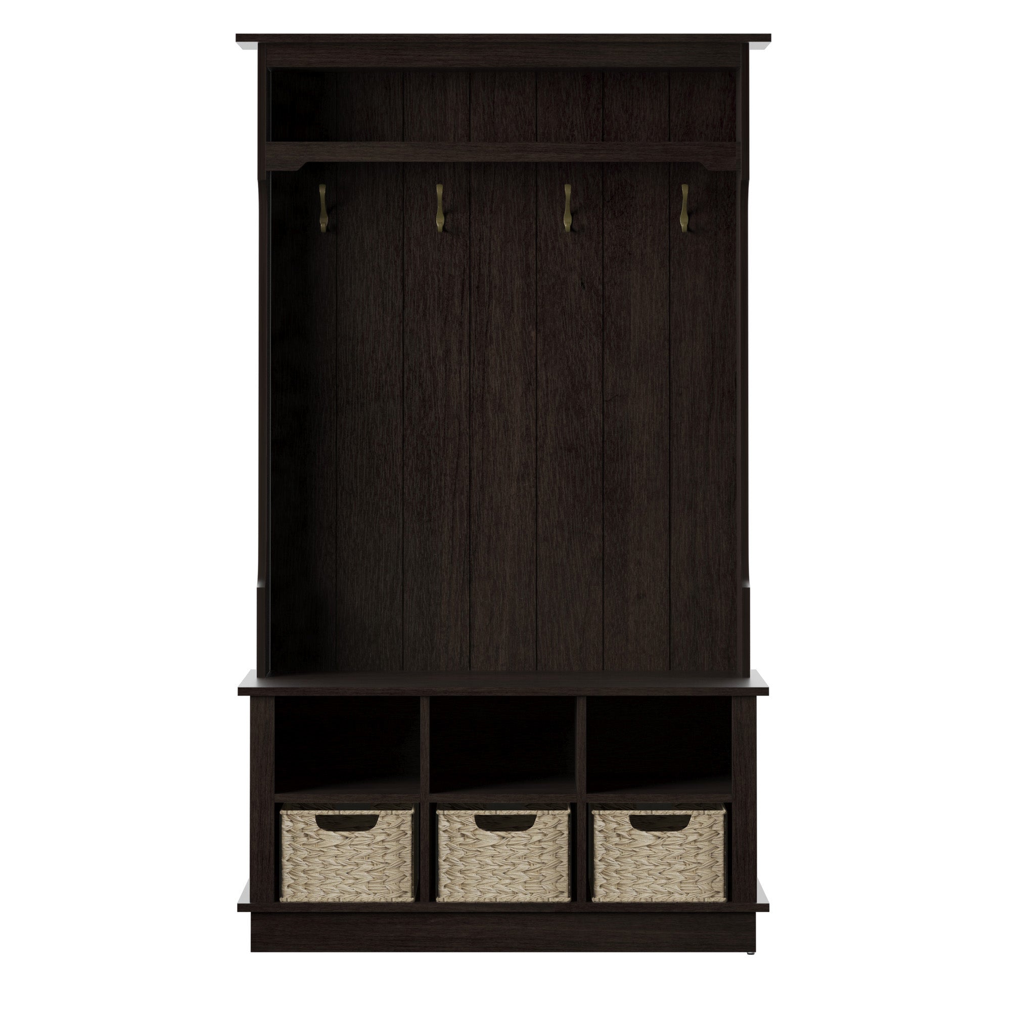 Porte-manteau d'entrée avec paniers et rangements ouverts