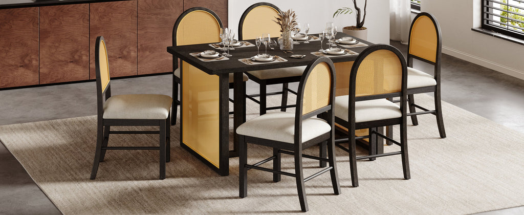 Ensemble de table et chaises de style campagnard en rotin bohème 7 pièces pour 6 personnes