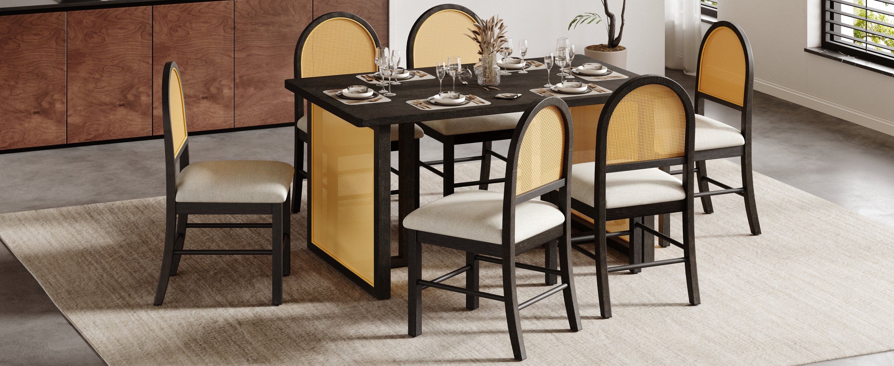 Ensemble de table et chaises de style campagnard en rotin bohème 7 pièces pour 6 personnes
