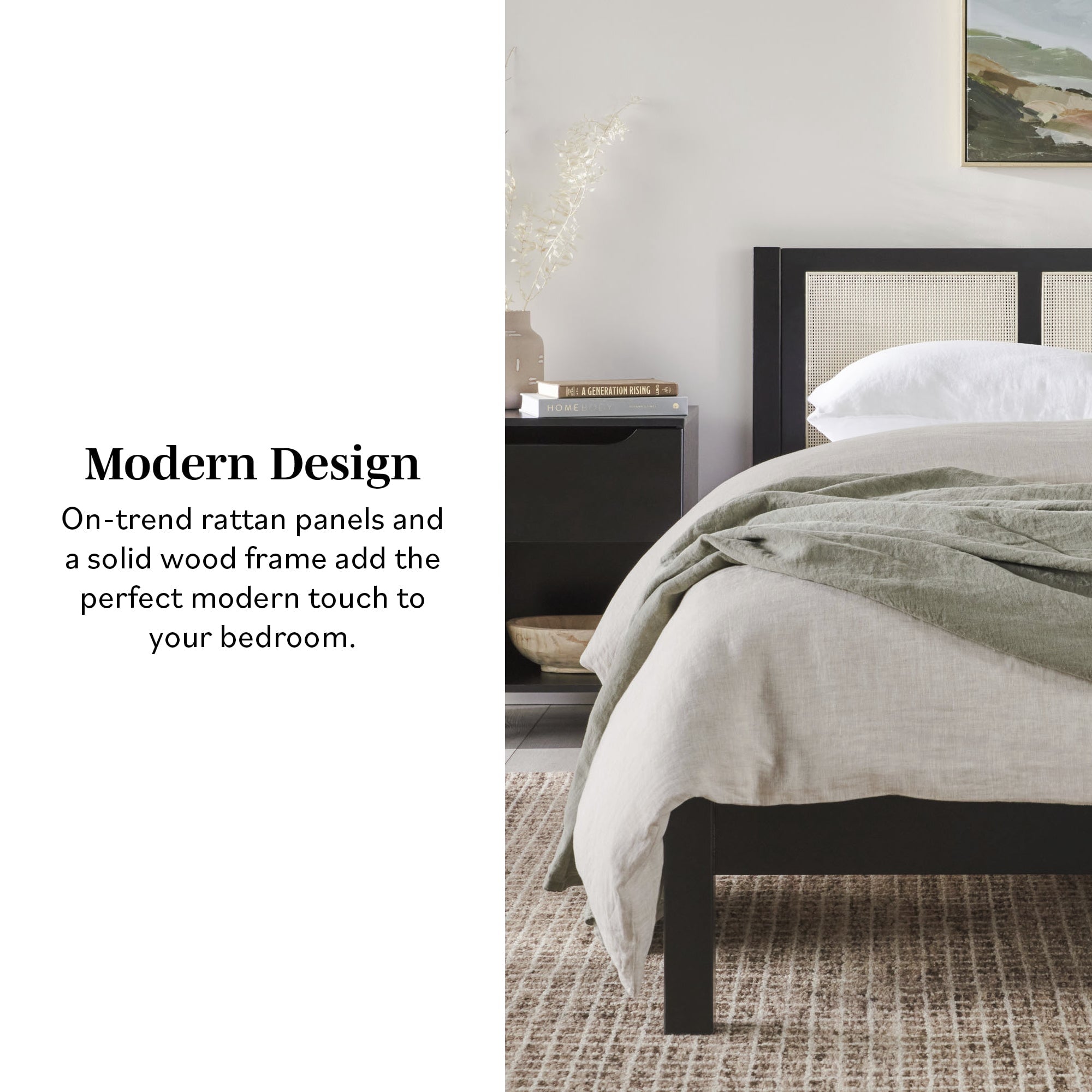 Lit plateforme Yasmina en bois massif et rotin (Queen ou King)