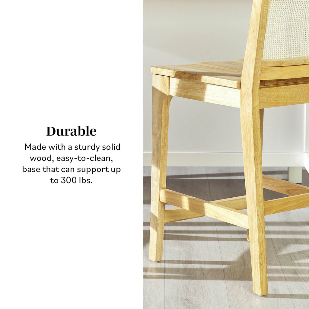 Tabouret de bar Catalina en bois massif avec dossier en rotin, lot de 2