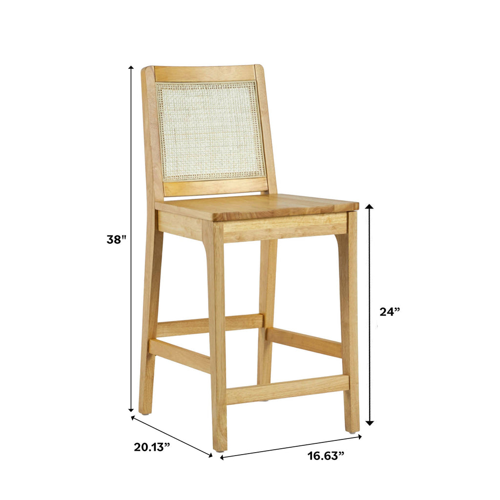 Tabouret de bar Catalina en bois massif avec dossier en rotin, lot de 2