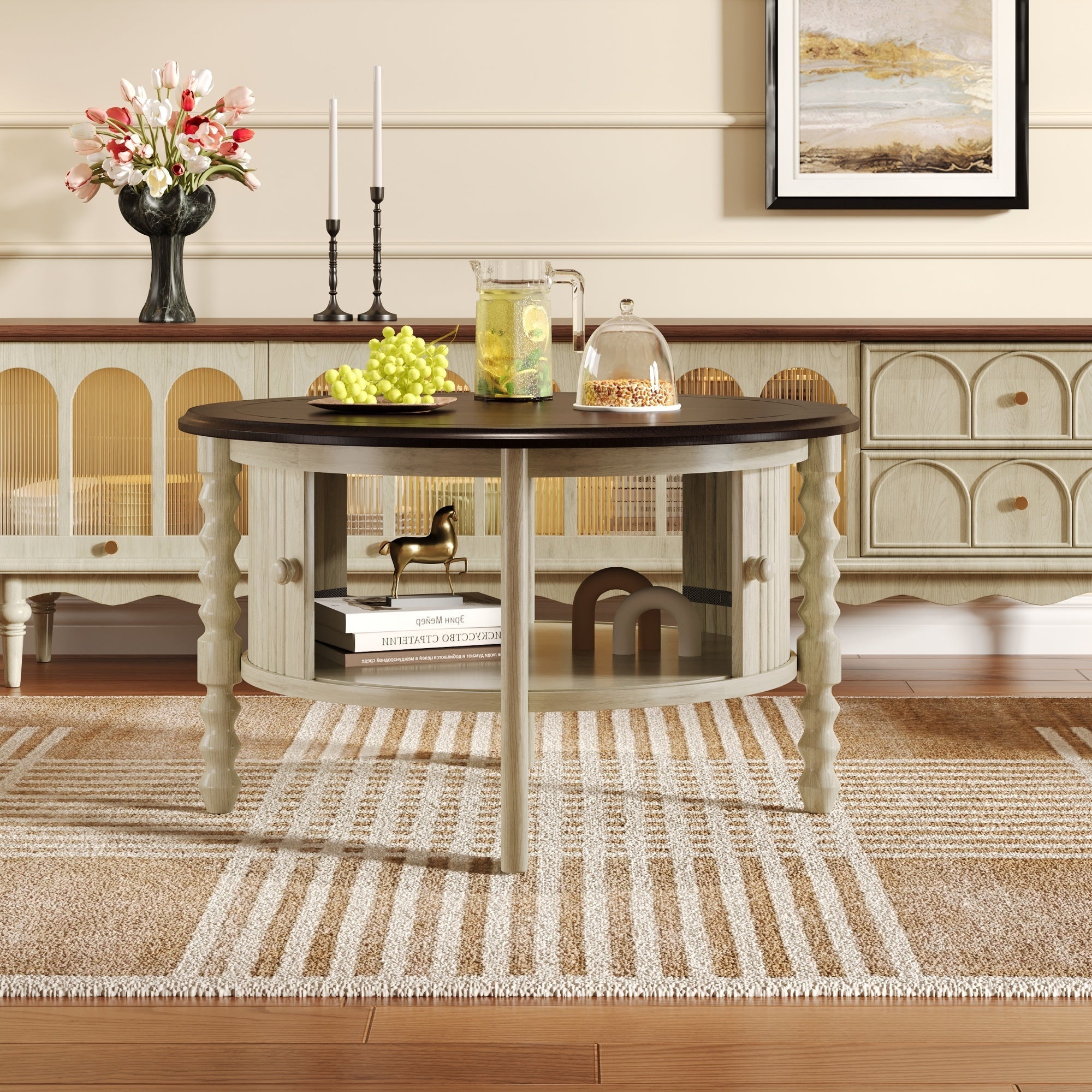 Table basse ronde de style traditionnel de 77 cm avec porte coulissante de rangement