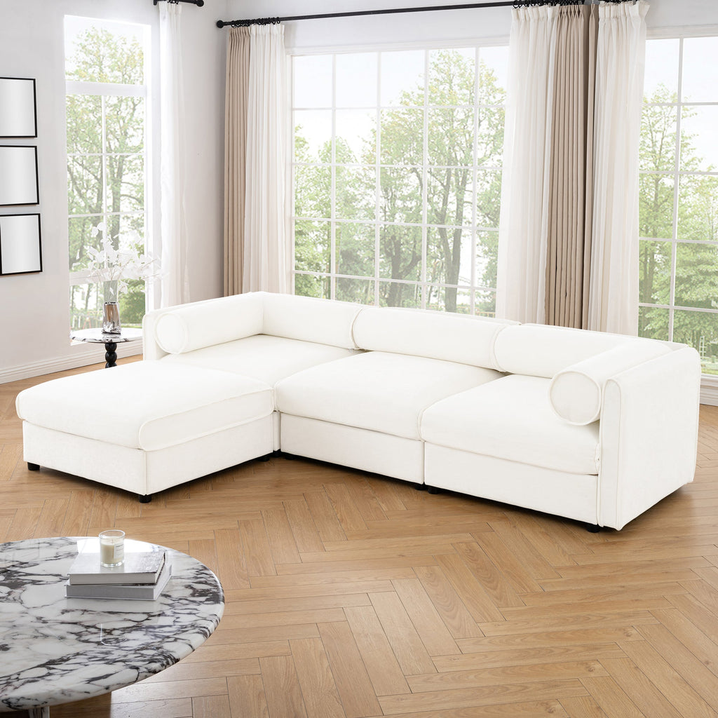 Walker Edison | Canapé d'angle contemporain en chenille blanche avec rangement et pouf