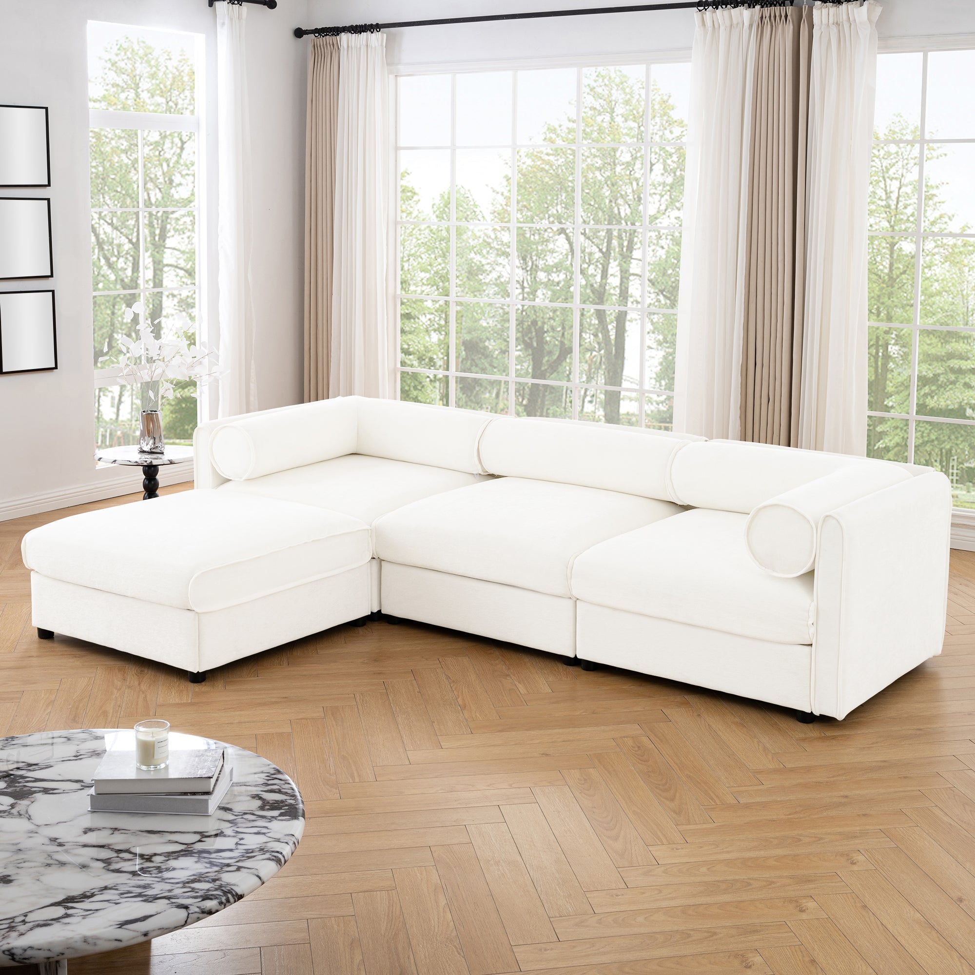 Walker Edison | Canapé d'angle contemporain en chenille blanche avec rangement et pouf