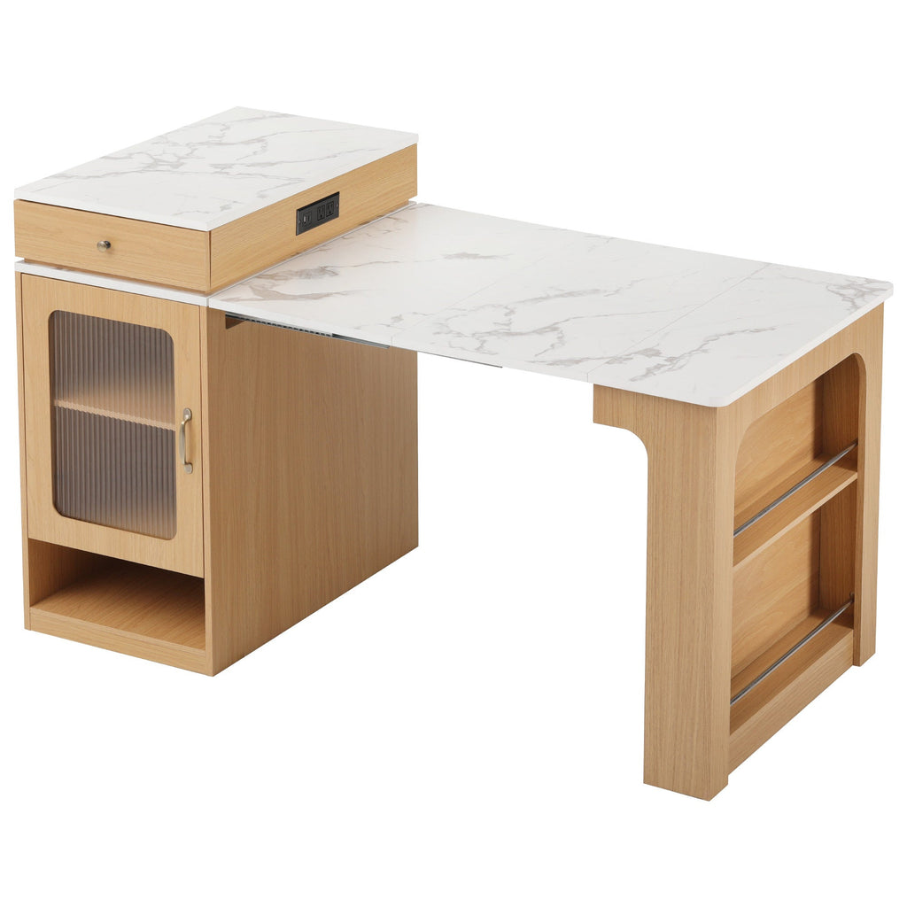 Îlot de cuisine de 181 cm avec table à manger extensible, nombreux rangements et prise électrique