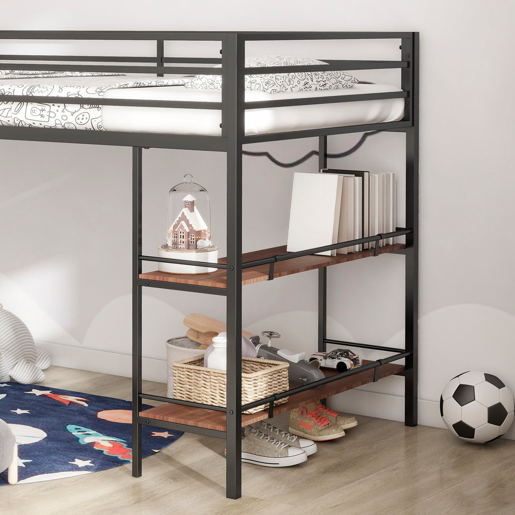 Walker Edison | Lit superposé mezzanine junior robuste noir avec étagère en bois