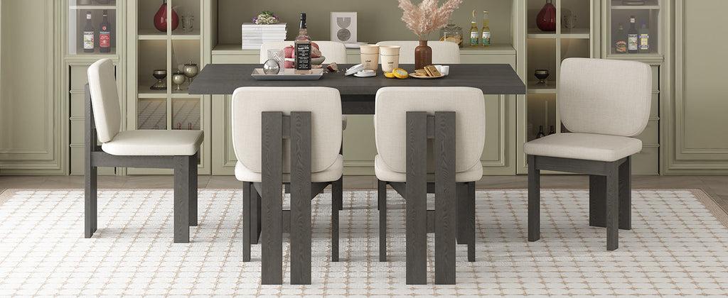 Walker Edison | Ensemble table et chaises rétro en bois 7 pièces pour 6 personnes, 152 cm, avec chaises rembourrées 