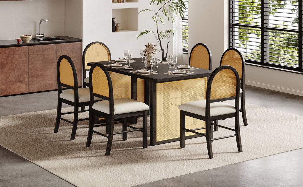 Ensemble de table et chaises de style campagnard en rotin bohème 7 pièces pour 6 personnes