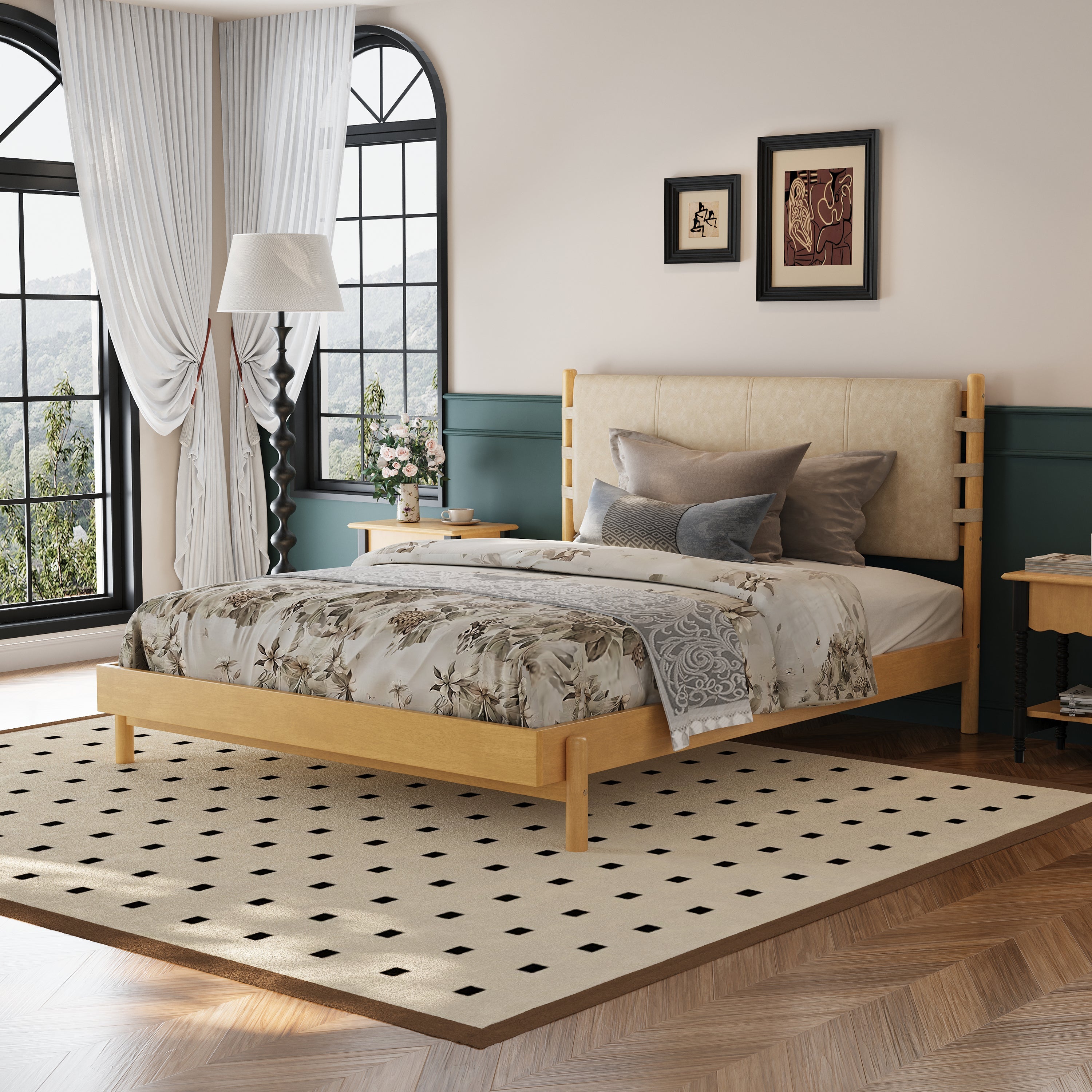 Cadre de lit capitonné style moderne du milieu du siècle 