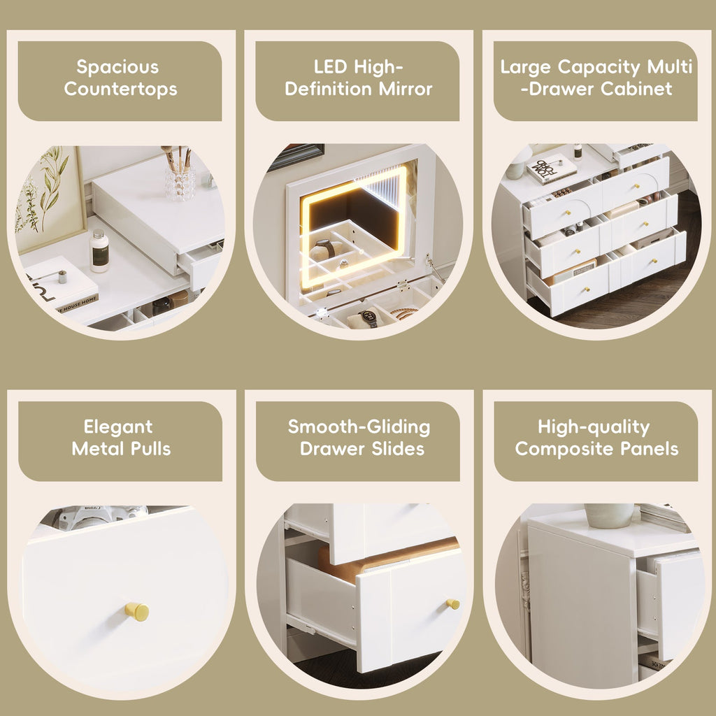 Ensemble coiffeuse multifonctionnelle blanche Walker Edison avec miroir rabattable et éclairage 