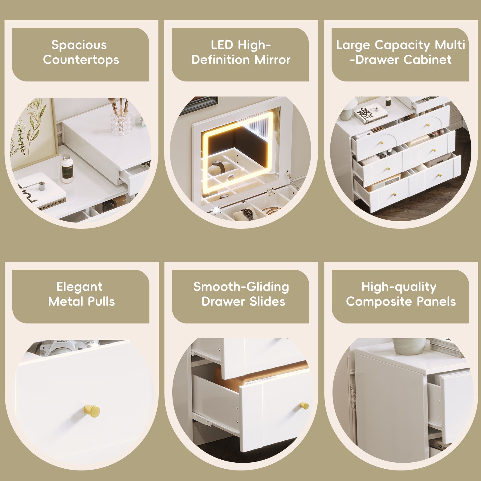 Ensemble coiffeuse multifonctionnelle blanche Walker Edison avec miroir rabattable et éclairage 