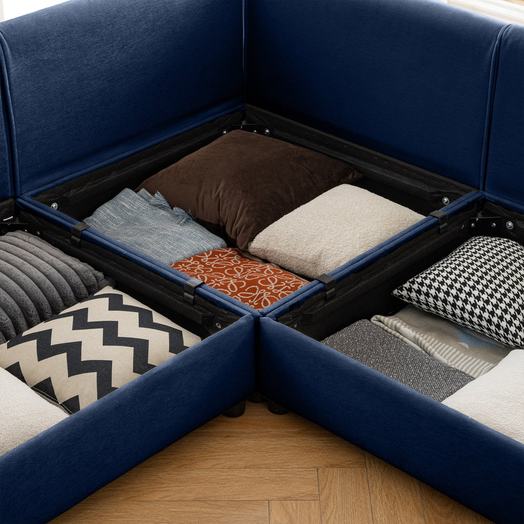 Walker Edison | Élégant canapé d'angle 3 places en chenille bleue avec rangement et pouf