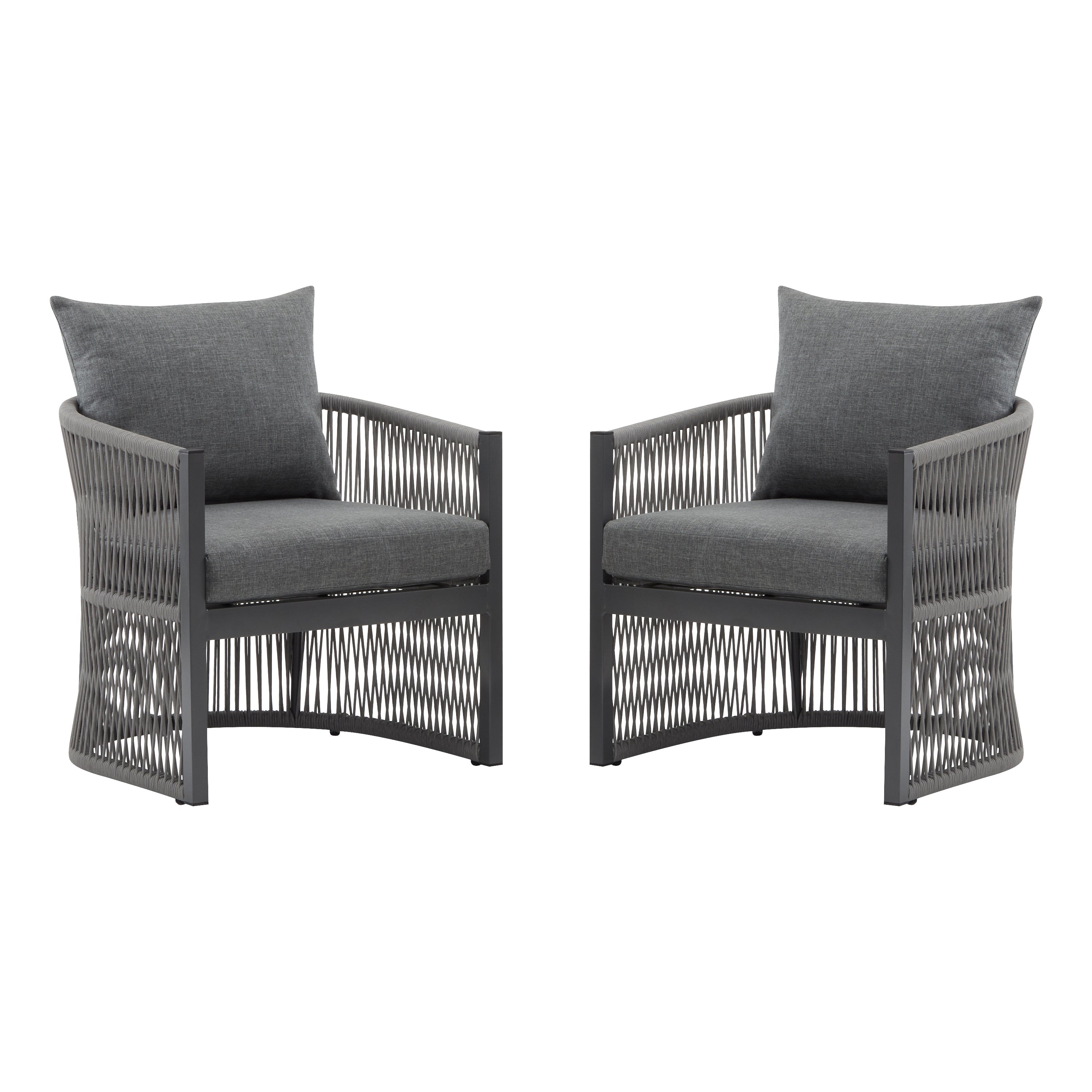 Walker Edison | Ensemble de 2 chaises d'extérieur incurvées élégantes en corde tressée grise