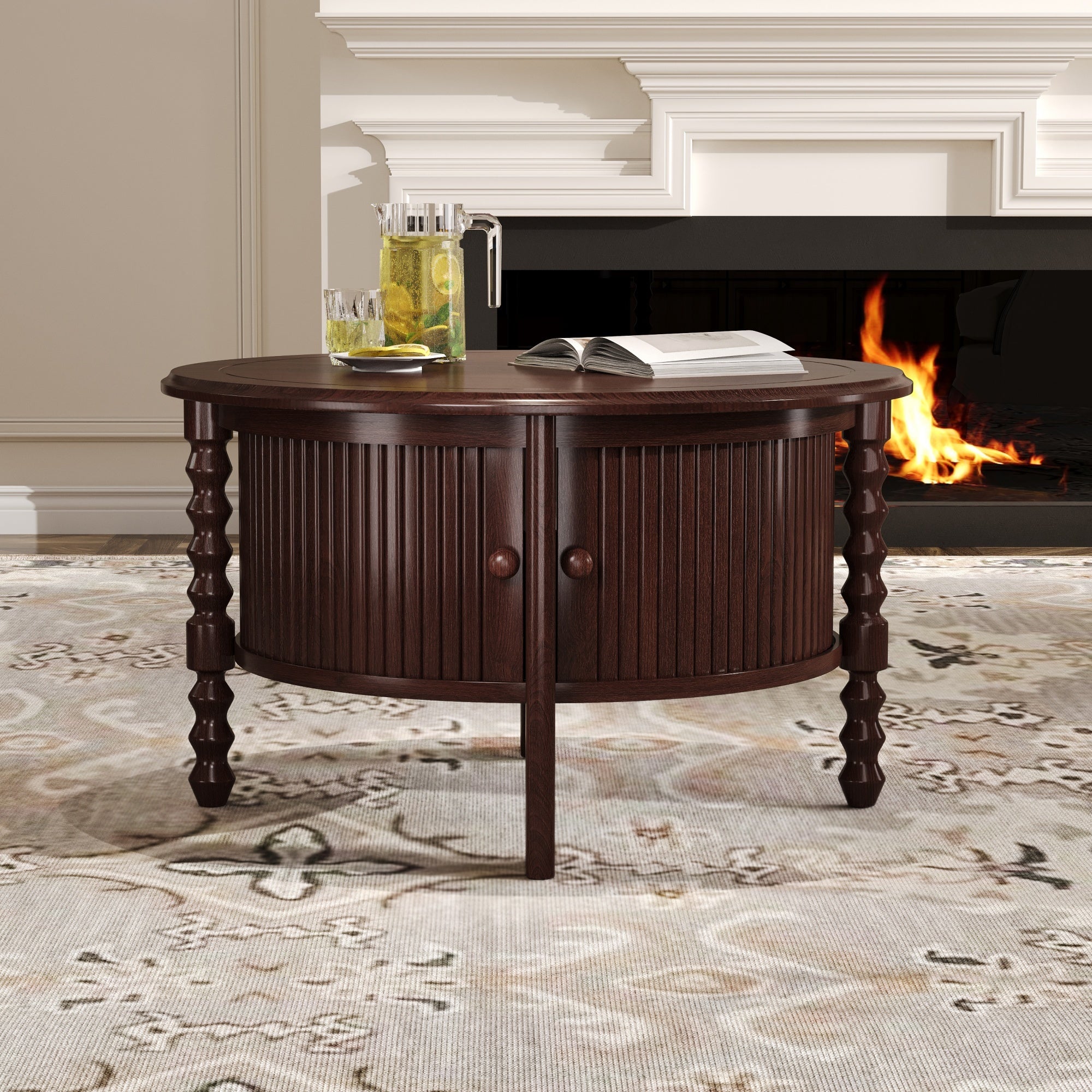 Table basse ronde de style traditionnel de 77 cm avec porte coulissante de rangement