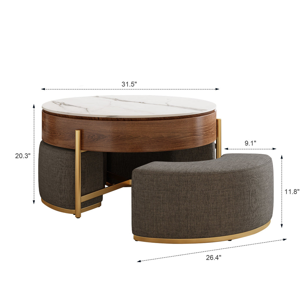 Walker Edison | Table basse ronde moderne à plateau relevable avec rangement et poufs gigognes 