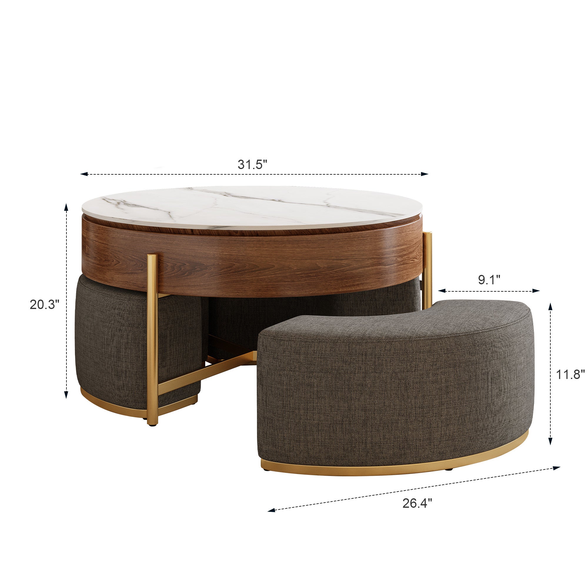 Walker Edison | Table basse ronde moderne à plateau relevable avec rangement et poufs gigognes 