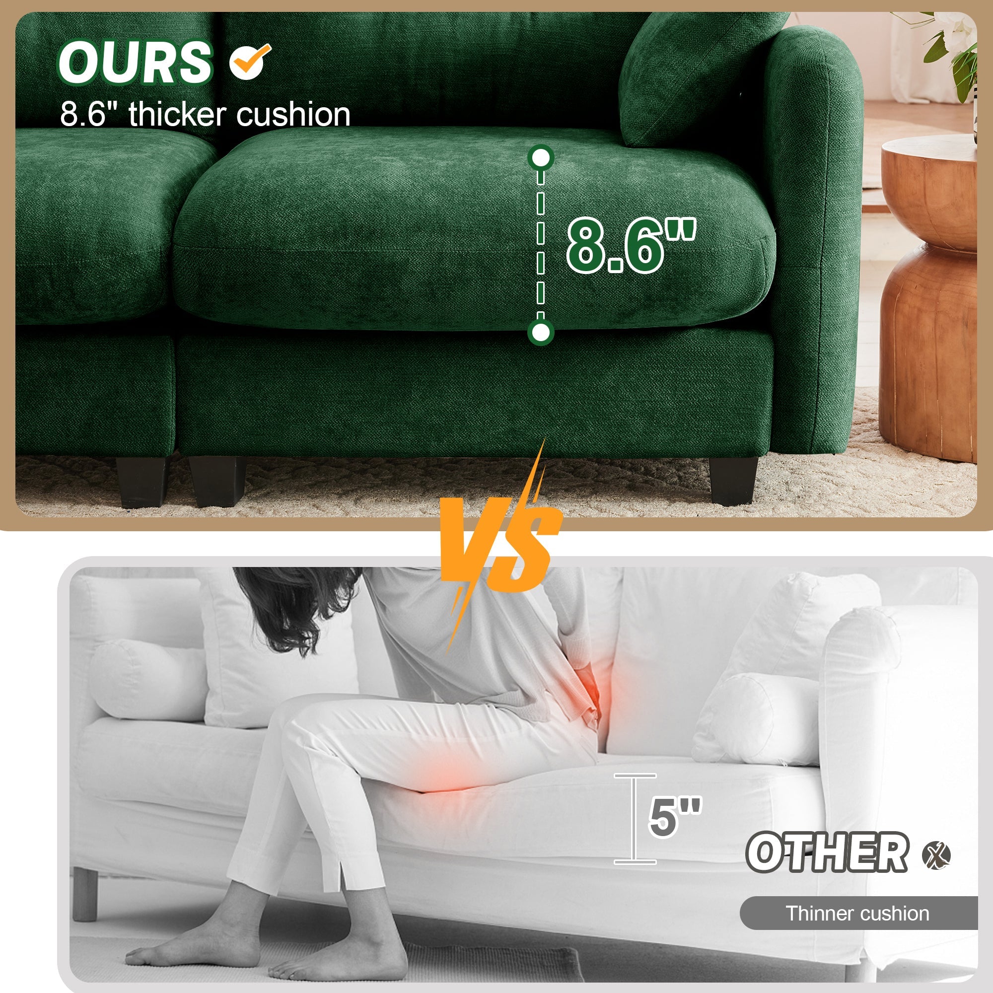 Canapé d'angle deux places en chenille capitonnée avec pouf 