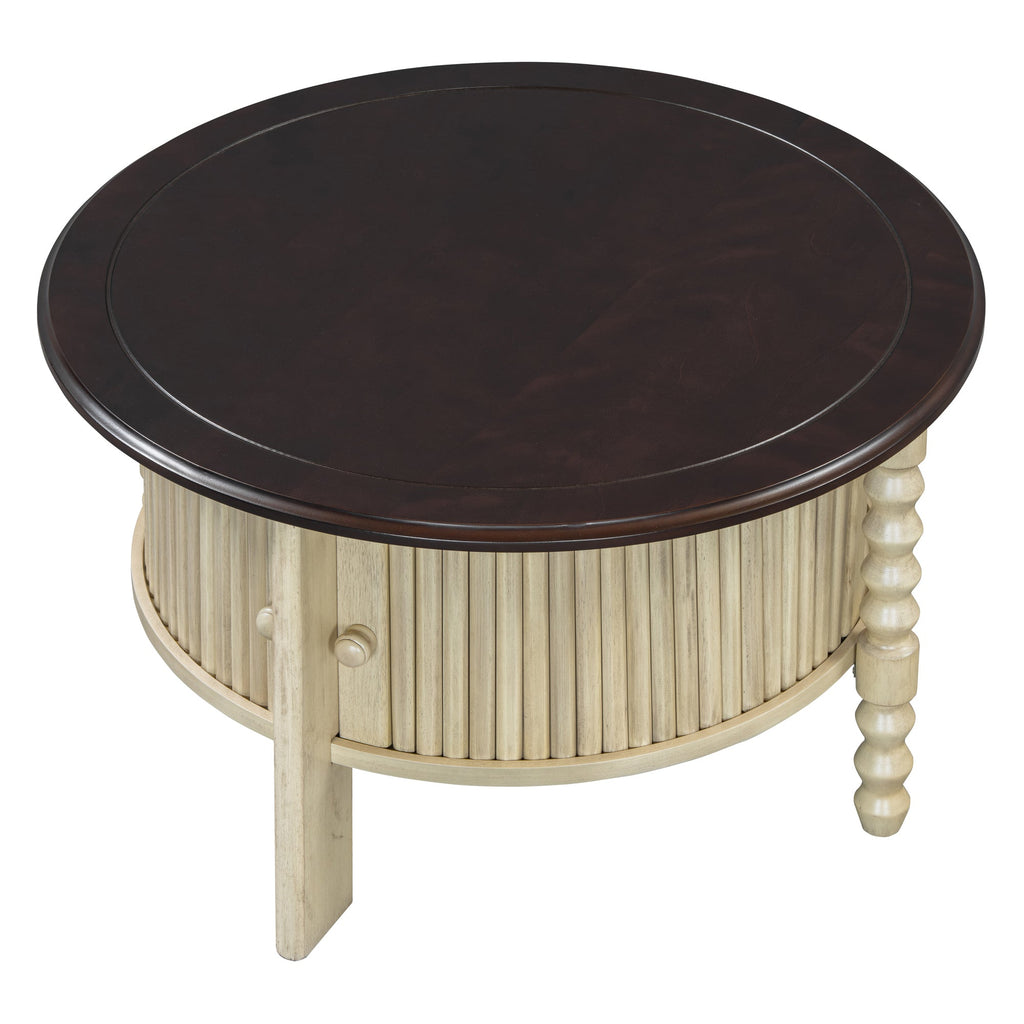 Table basse ronde de style traditionnel de 77 cm avec porte coulissante de rangement