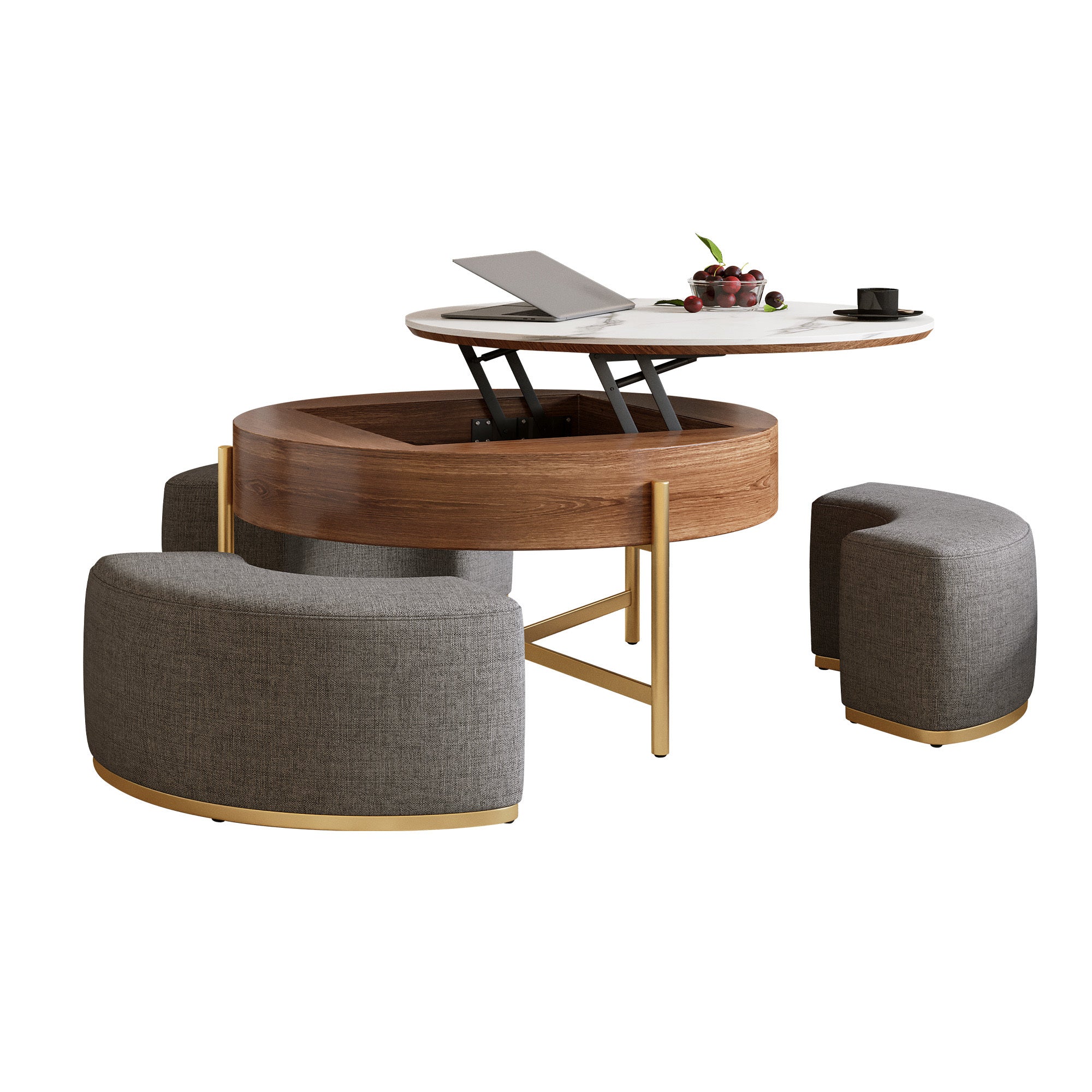 Walker Edison | Table basse ronde moderne à plateau relevable avec rangement et poufs gigognes 