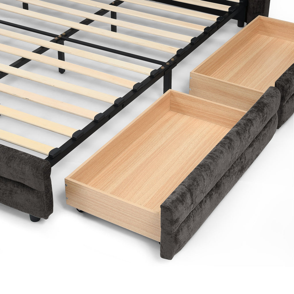 Cadre de lit rembourré en chenille, format queen, avec tiroirs 