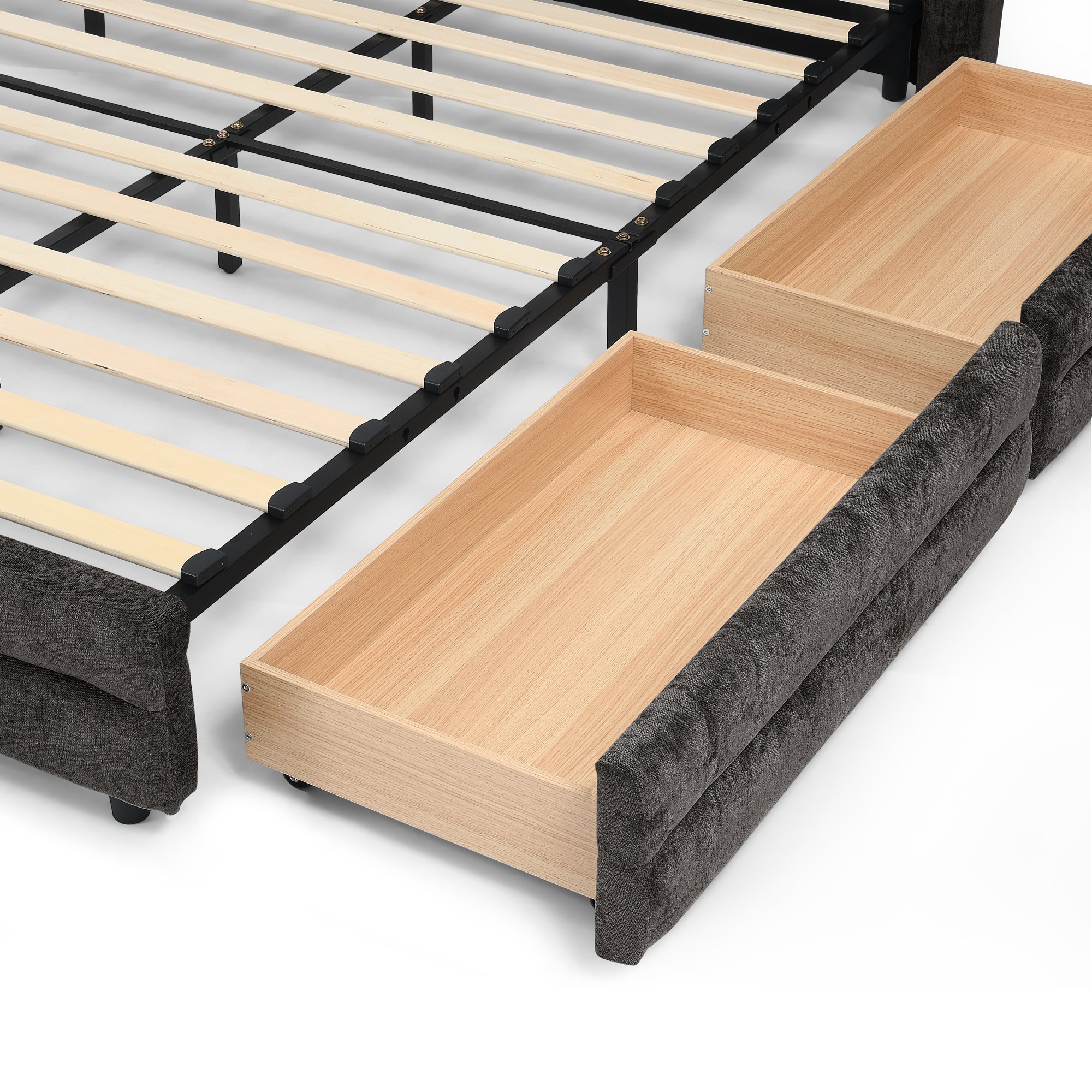 Cadre de lit rembourré en chenille, format queen, avec tiroirs 