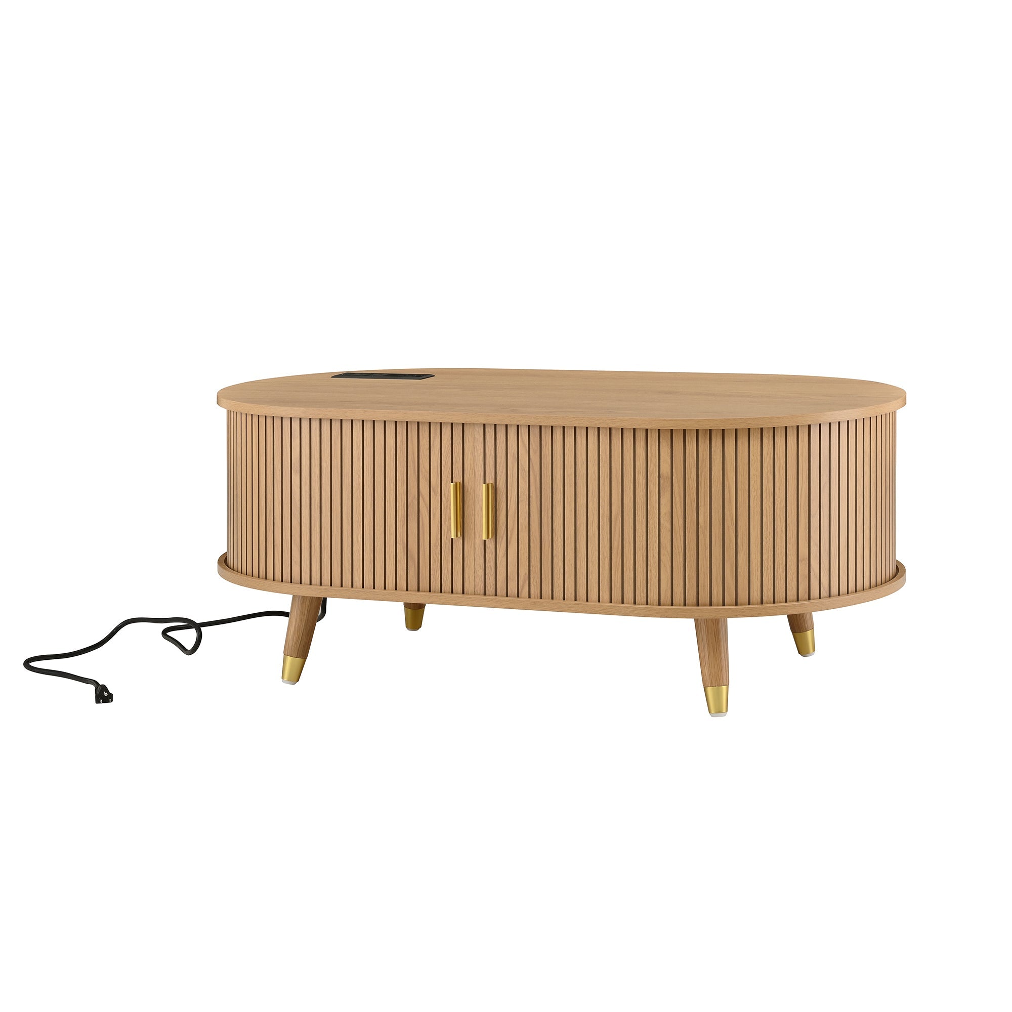 Ensemble de meuble TV et table basse ovales en teck cannelé, design incurvé, 3 pièces, pour téléviseurs jusqu'à 80 pouces. 