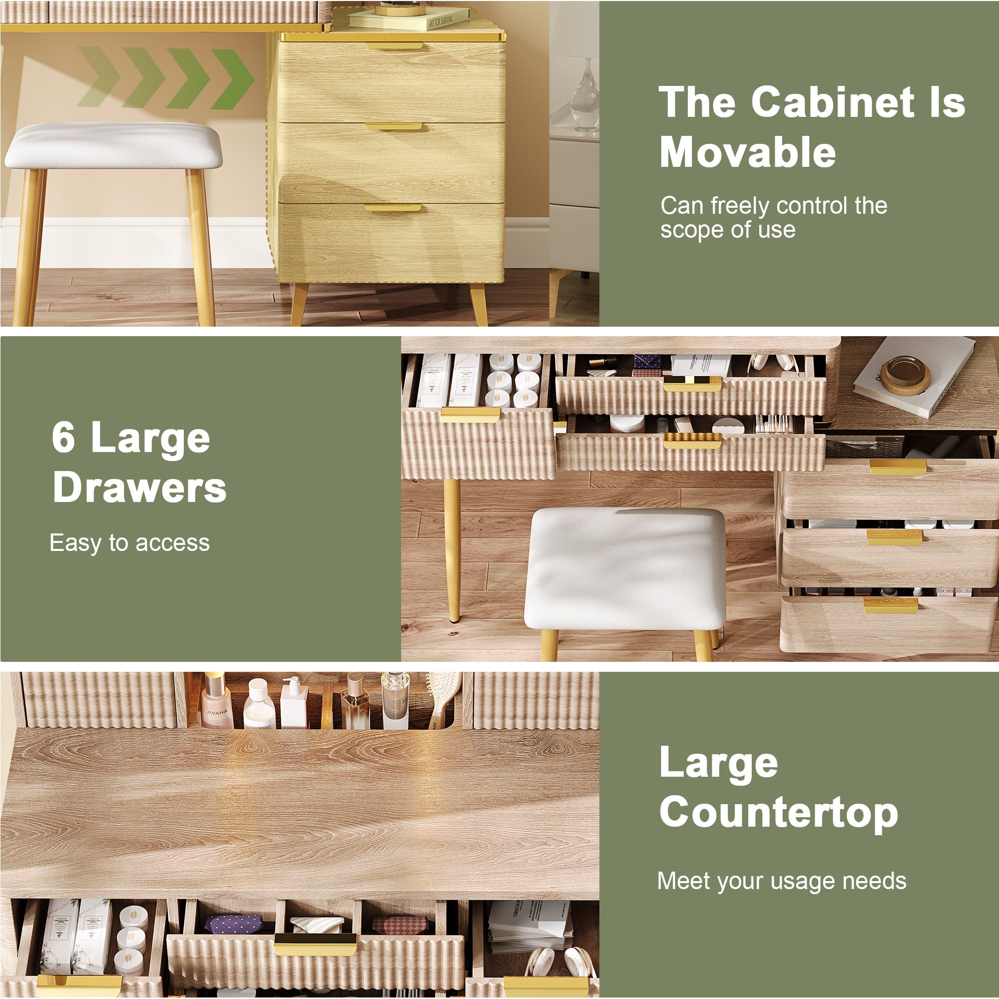 Coiffeuse moderne cannelée avec miroir LED et tabouret