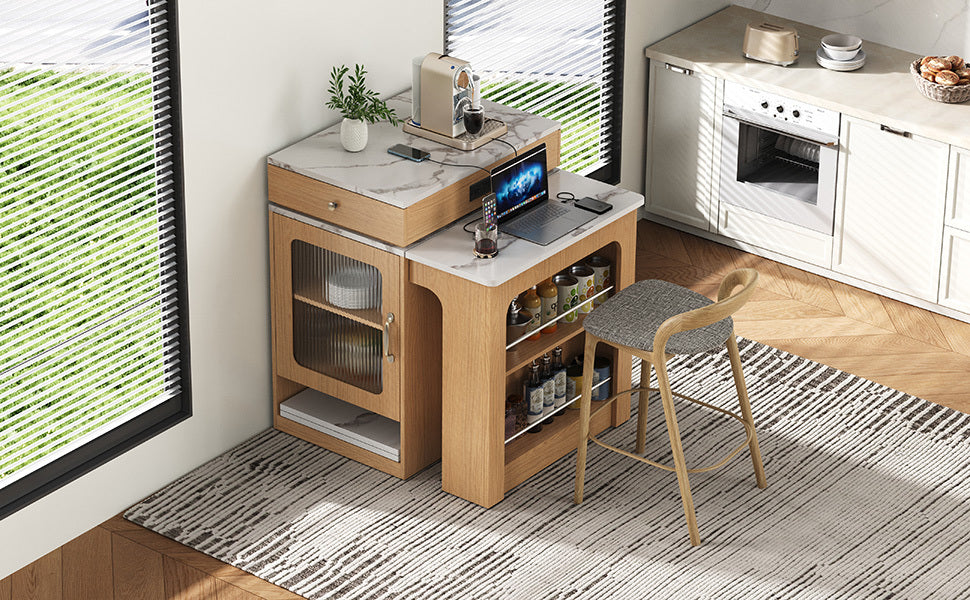 Îlot de cuisine de 181 cm avec table à manger extensible, nombreux rangements et prise électrique