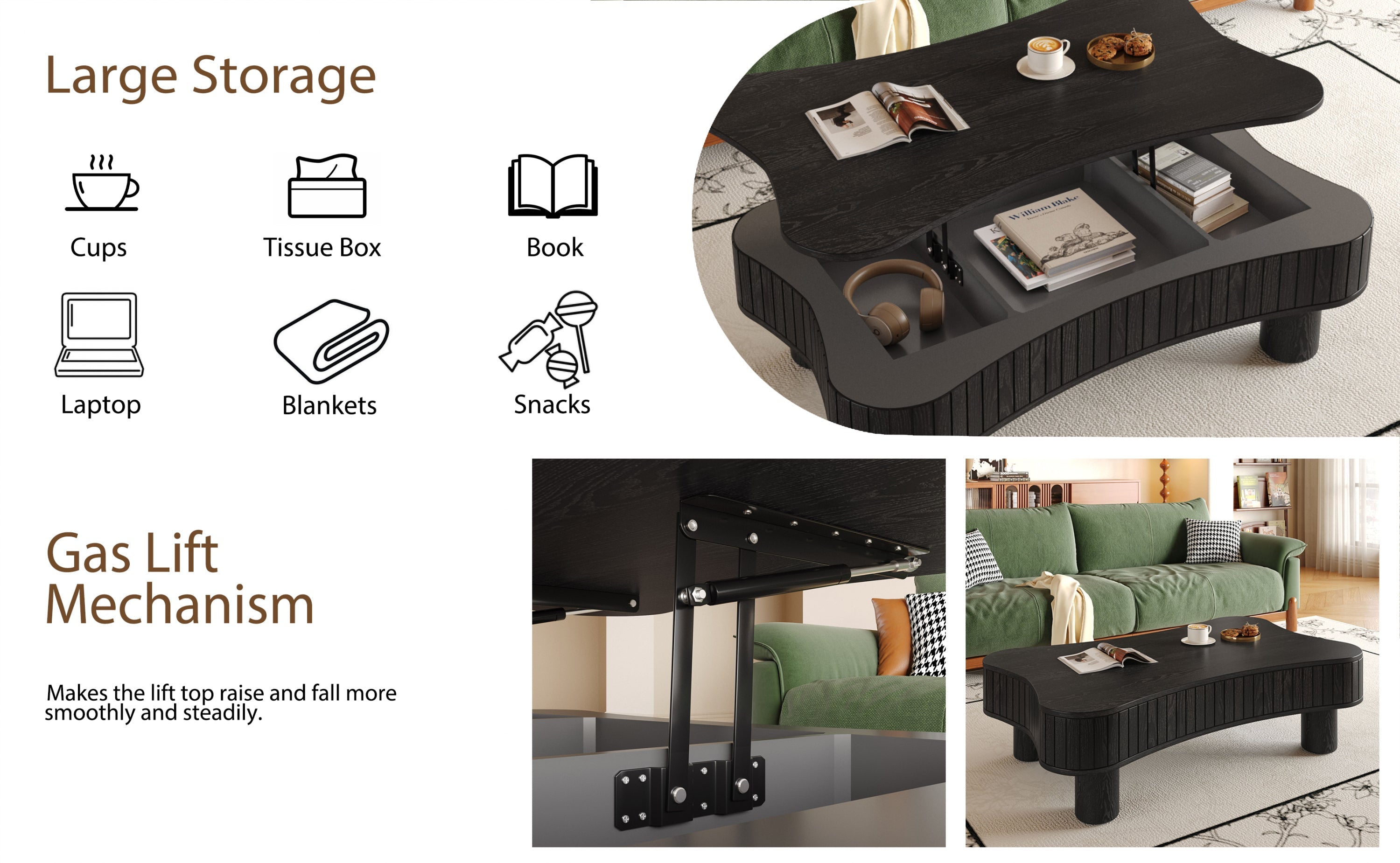 Walker Edison | Table basse et bureau relevables au design incurvé noir cannelé 