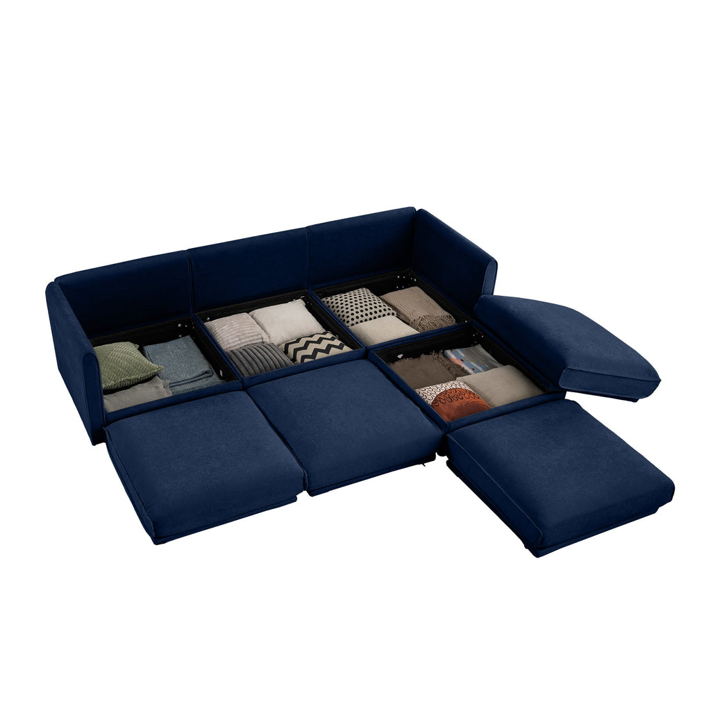 Walker Edison | Élégant canapé d'angle 3 places en chenille bleue avec rangement et pouf