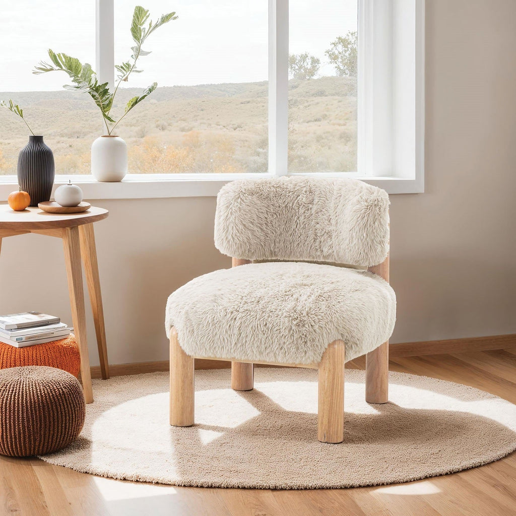 Fauteuil d'appoint contemporain en tissu peluche avec pieds en bois