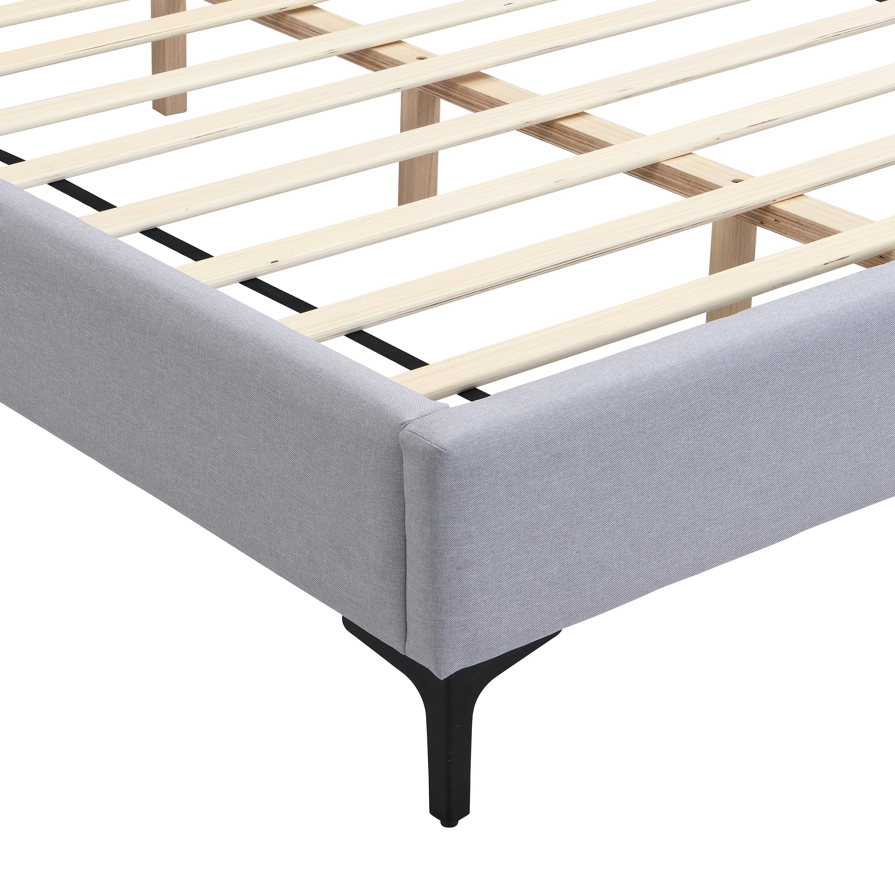 Cadre de lit contemporain King en lin recouvert de tissu avec éclairage et étagères 