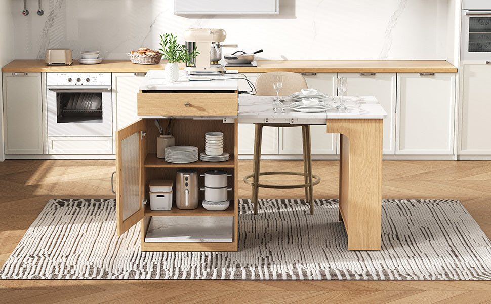 Îlot de cuisine de 181 cm avec table à manger extensible, nombreux rangements et prise électrique