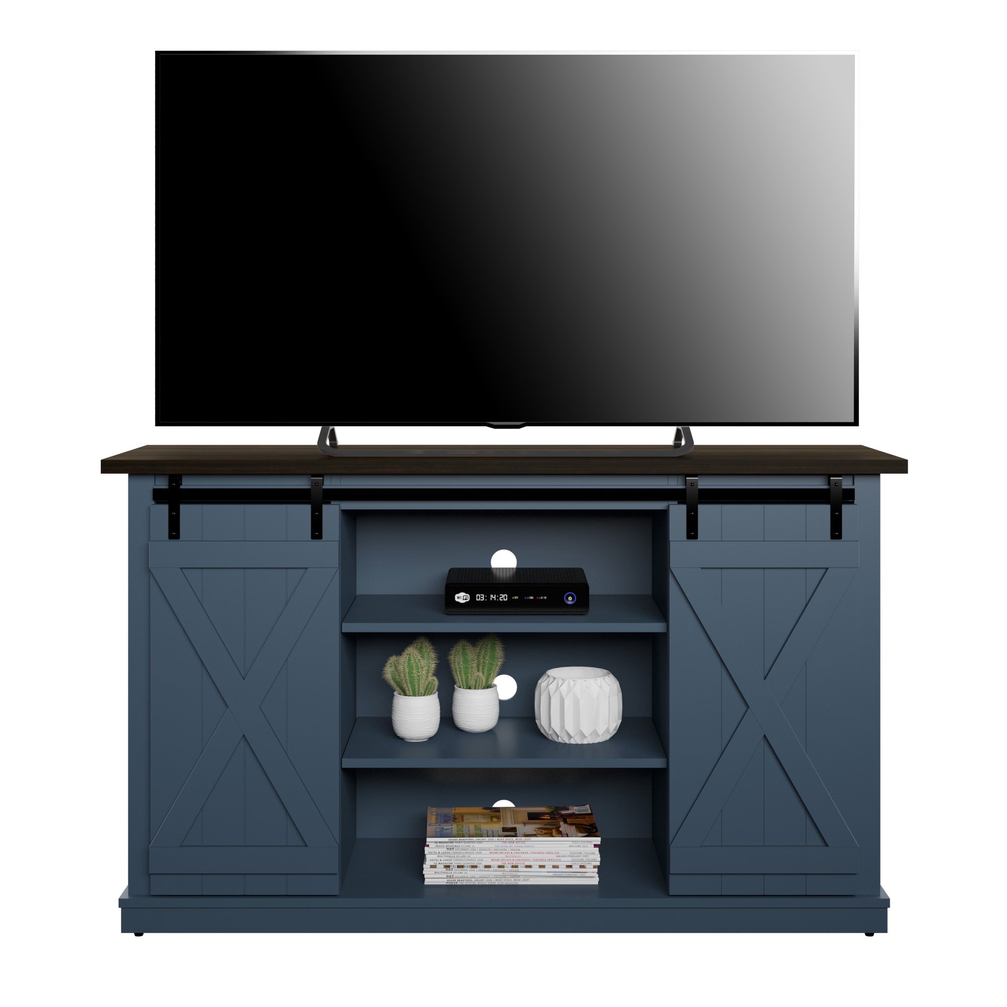 Portes coulissantes de style grange, meuble TV en peuplier de 137 cm, console multimédia
