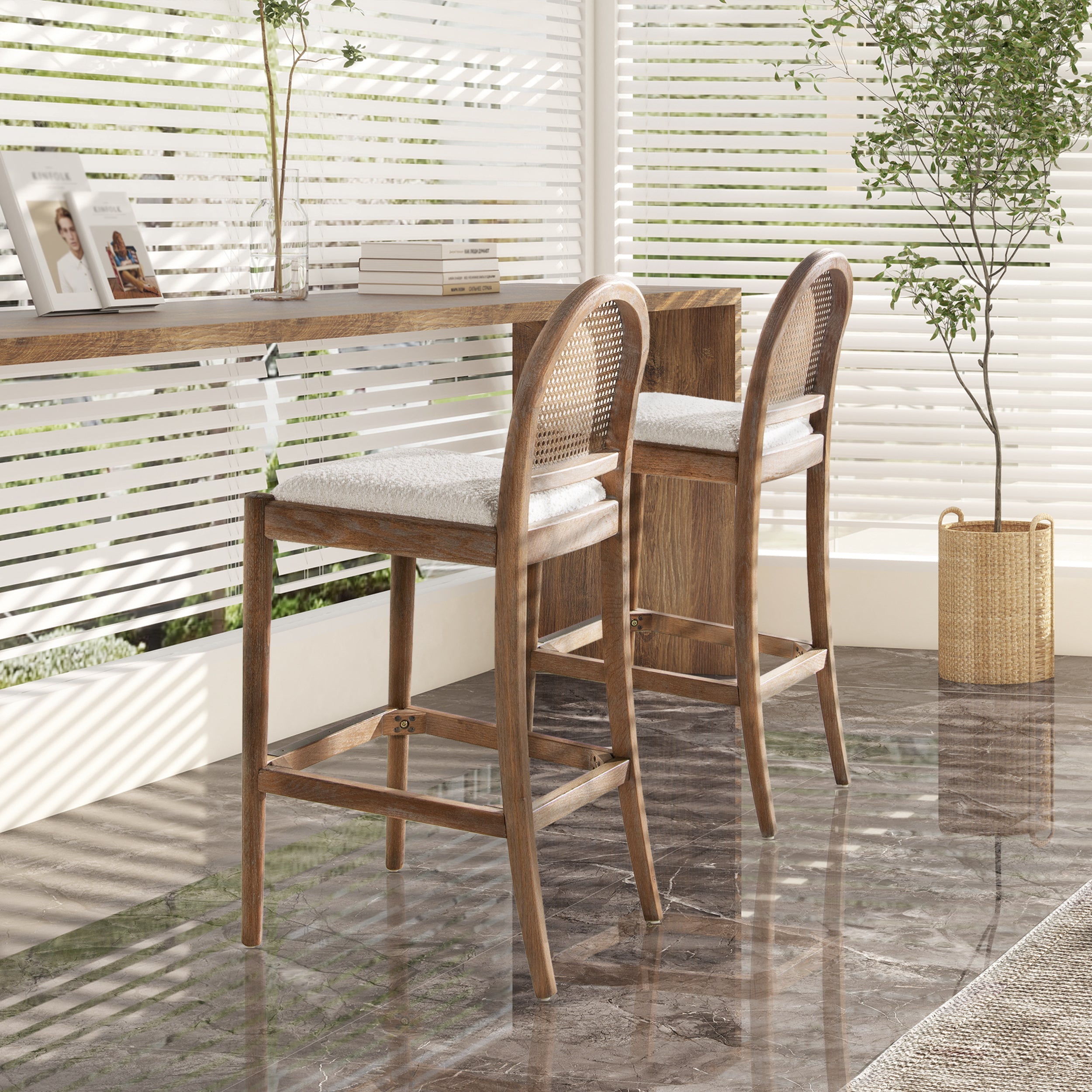 Tabouret de bar Panama Boucle 30,5' à dossier incurvé en rotin, lot de 2 