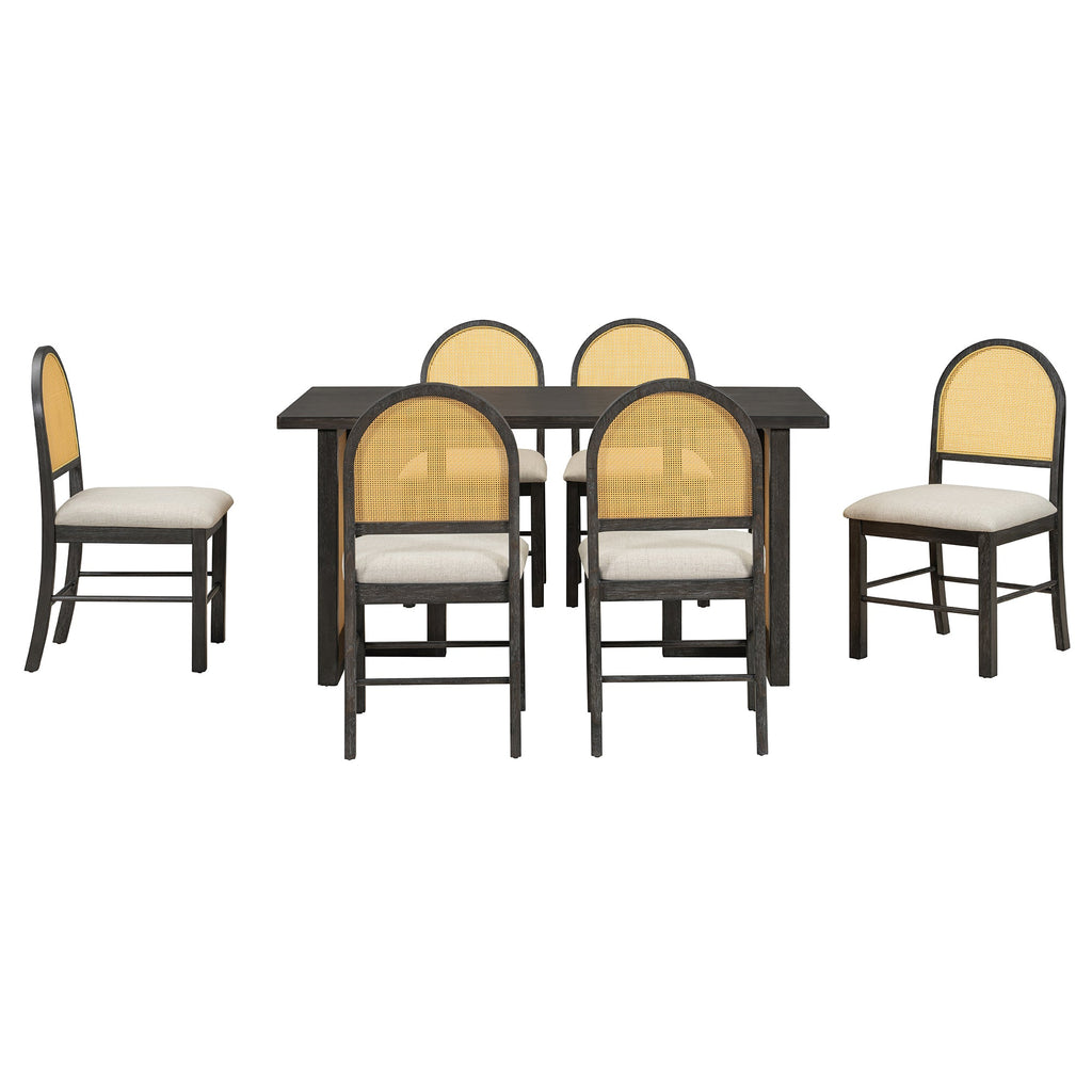 Ensemble de table et chaises de style campagnard en rotin bohème 7 pièces pour 6 personnes