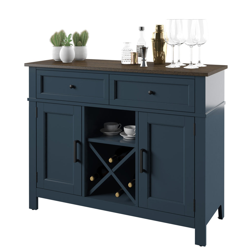 Buffet de style campagnard avec étagères à vin et rangement pour verres à pied