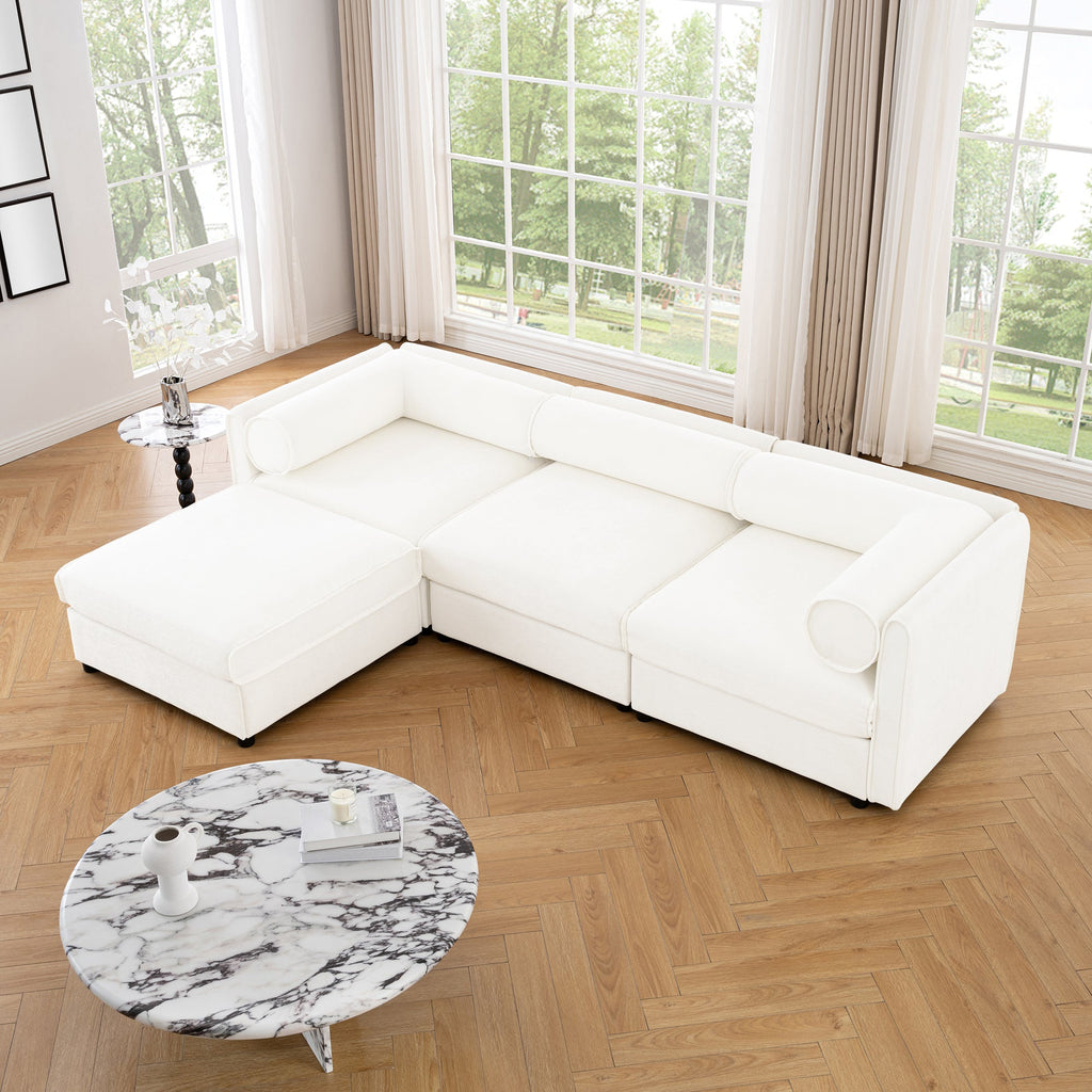 Walker Edison | Canapé d'angle contemporain en chenille blanche avec rangement et pouf
