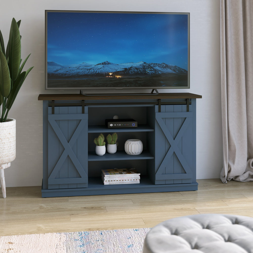 Portes coulissantes de style grange, meuble TV en peuplier de 137 cm, console multimédia